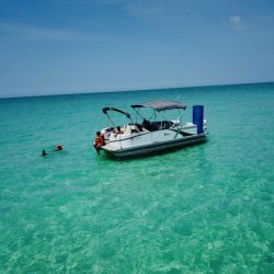 White pontoon with family swimming beside
